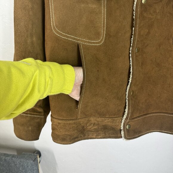 Vintage JC Penney Rancher Jacket Men 46 Brown Suede Shearling Lined Pockets Snap - Picture 7 of 13